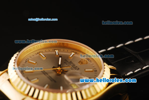 Rolex Oyster Perpetual Datejust Swiss ETA 2836 Automatic Movement Gold Case with Grey Dial and Black Leather Strap - Click Image to Close